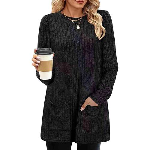 Mid to long knitted sweater with groove pockets for women