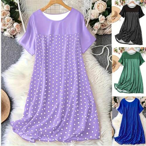 Polka dot round neck short sleeved nightgown dress for