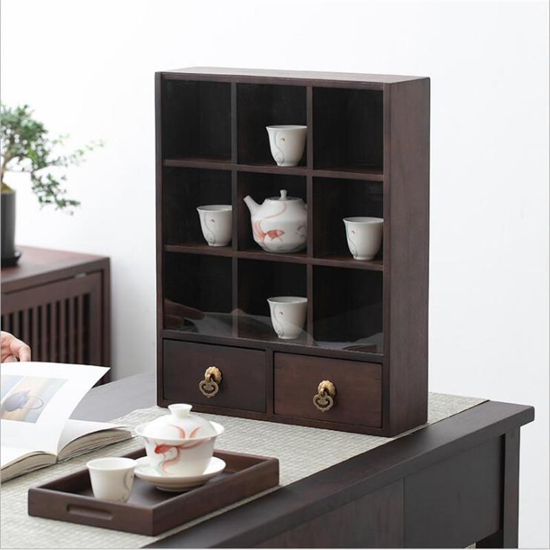 胡桃木多宝阁置物架小型茶具古玩实木九宫格博古架展示架收纳架