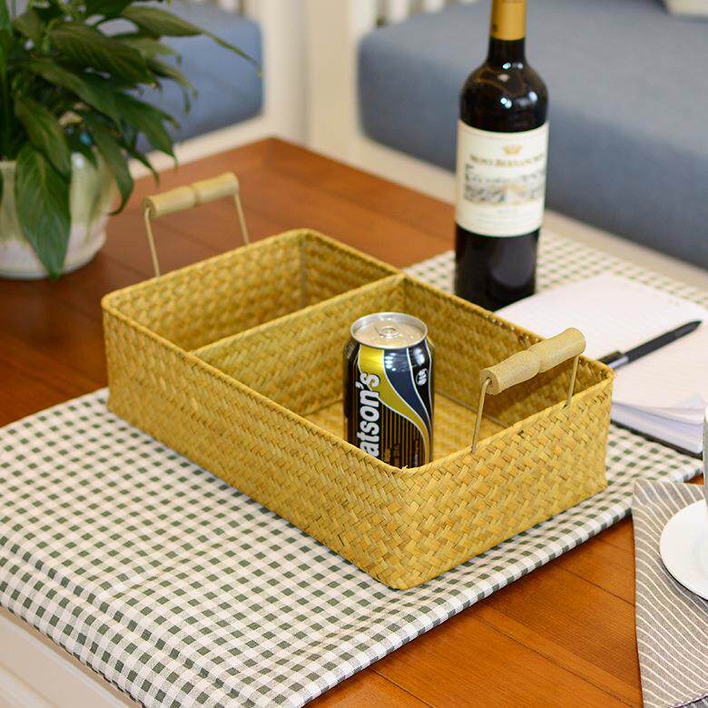 直销新款现货手工海草编制收纳筐 非藤柳编木把提手收纳篮分格整