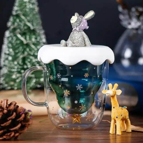 Christmas ree Mug Snow Mountain Glass cup Heat Resistant Dou