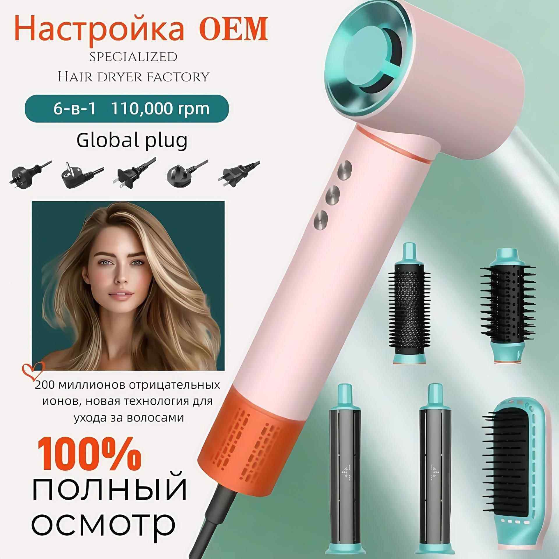 六合一多功能高速吹风机大风力电吹风静音家用电热梳卷发吹风筒套