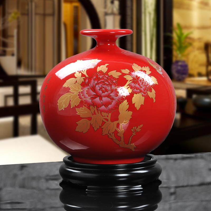 正品客德化陶瓷器家中国花瓶居厅装饰品摆件红插花喜庆大红色结婚