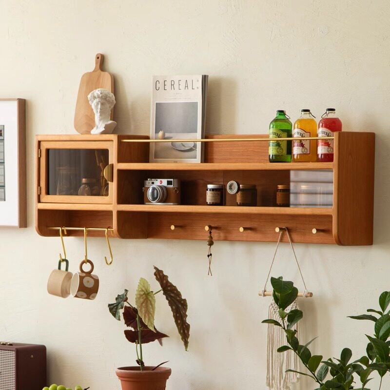 麦浪实木小吊柜复古挂墙式樱桃木玻璃柜北欧客厅储物柜厨房墙壁柜