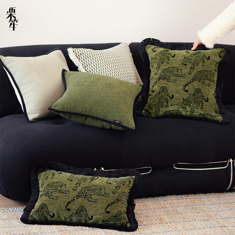 中古黑绿色系组合抱枕简约轻奢客厅沙发流苏豹纹靠枕样板间靠垫
