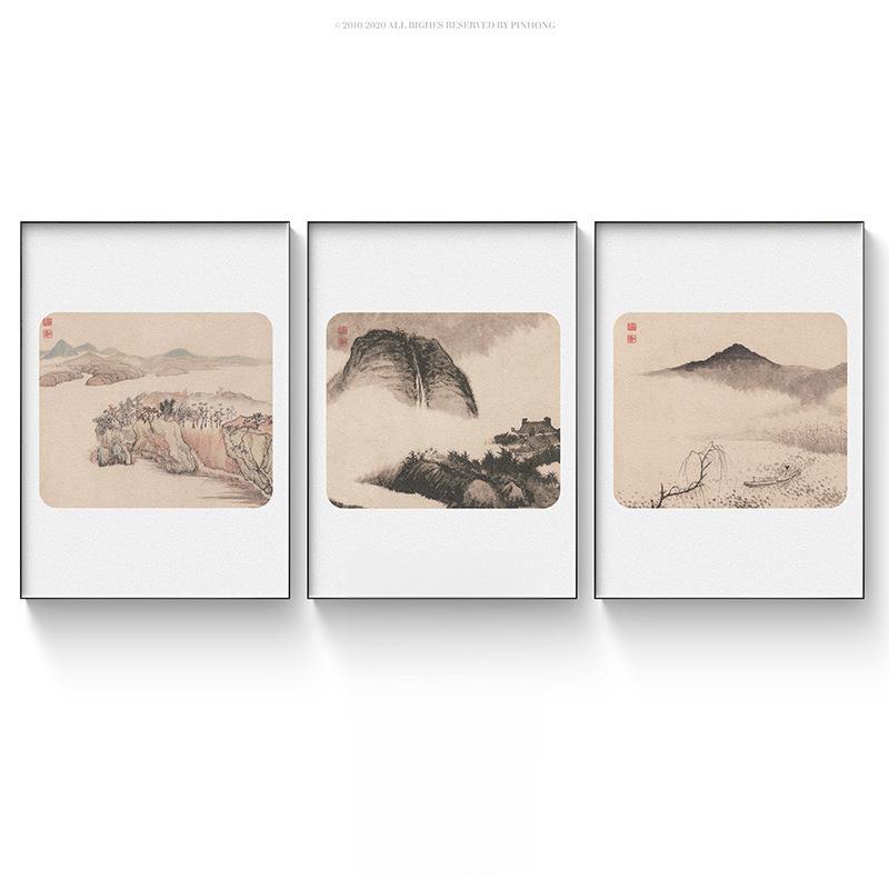 新中式沙发背景墙上挂画书房山水写实壁画卧室床头玄关画现代艺术