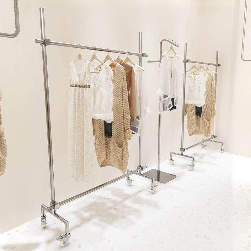 不锈钢服装店展示架女装店可调节挂衣架中岛架带轮子陈列货架衣架