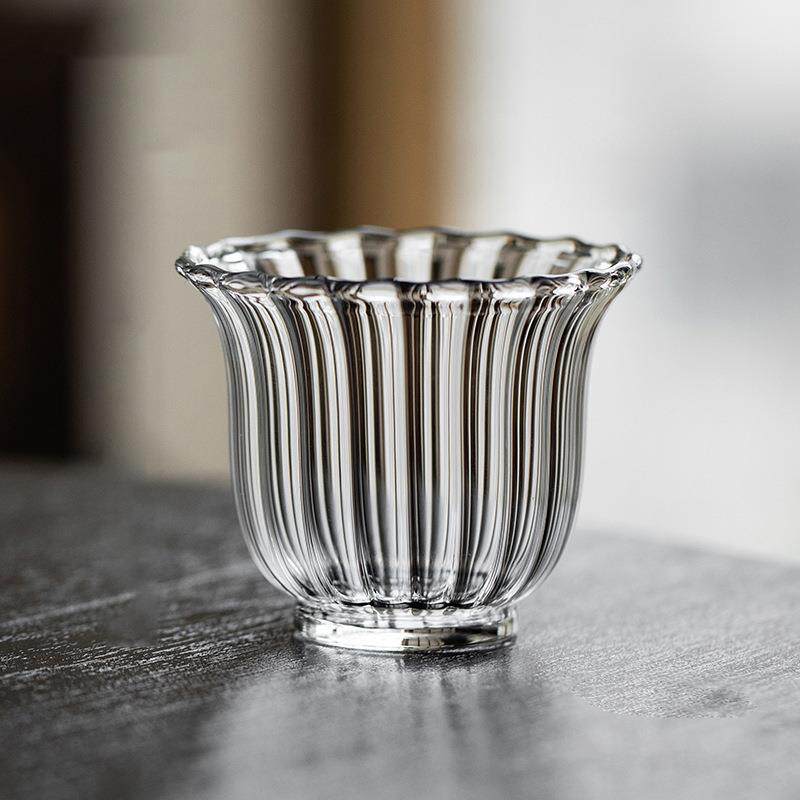 条纹高硼硅玻璃花瓣品茗杯 家用功夫小茶杯 小号主人杯品茶杯