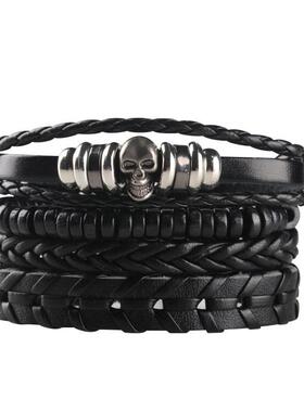 跨界男士DIY编织西装皮革手炼欧美畅销的骷髅串珠朋克风格组合手