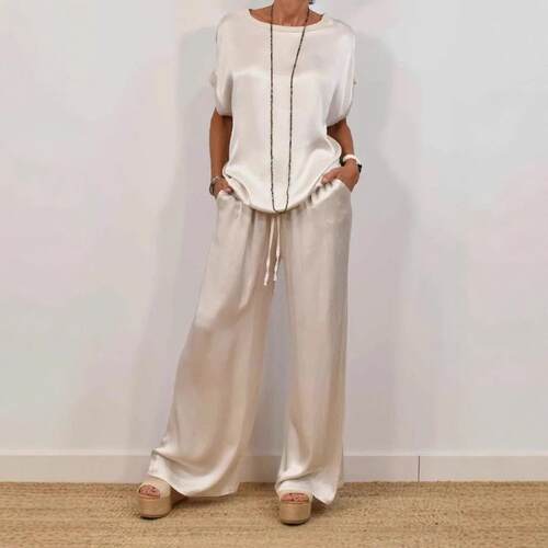 Elegant Womens Satin Fabric Round Neck Short Sleeve Pants