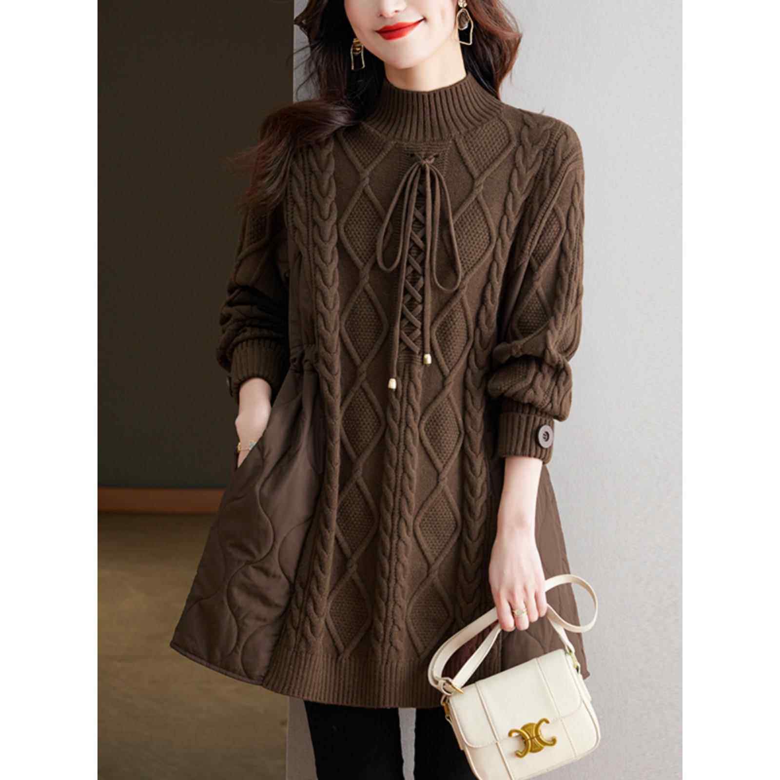 冬季女装加厚棉服拼接针织衫裙子中长款春秋半高领打底衫套头毛衣