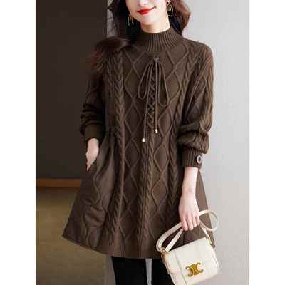 冬季女装加厚棉服拼接针织衫裙子中长款春秋半高领打底衫套头毛衣
