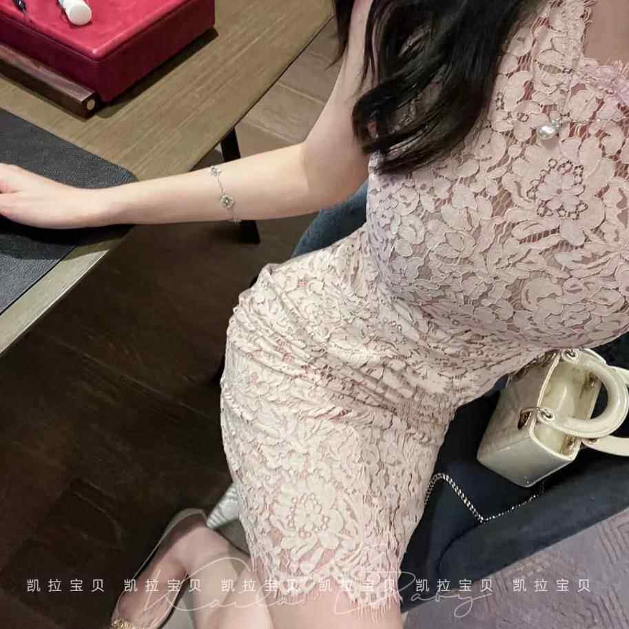林志玲同款粉色蕾丝无袖连衣裙春夏修身显瘦包臀A字粉红色裙子女
