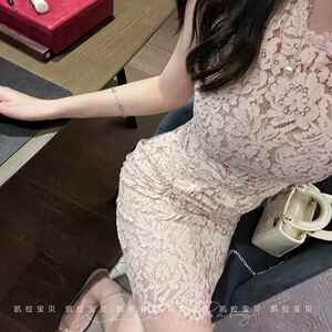 林志玲同款粉色蕾丝无袖连衣裙春夏修身显瘦包臀A字粉红色裙子女