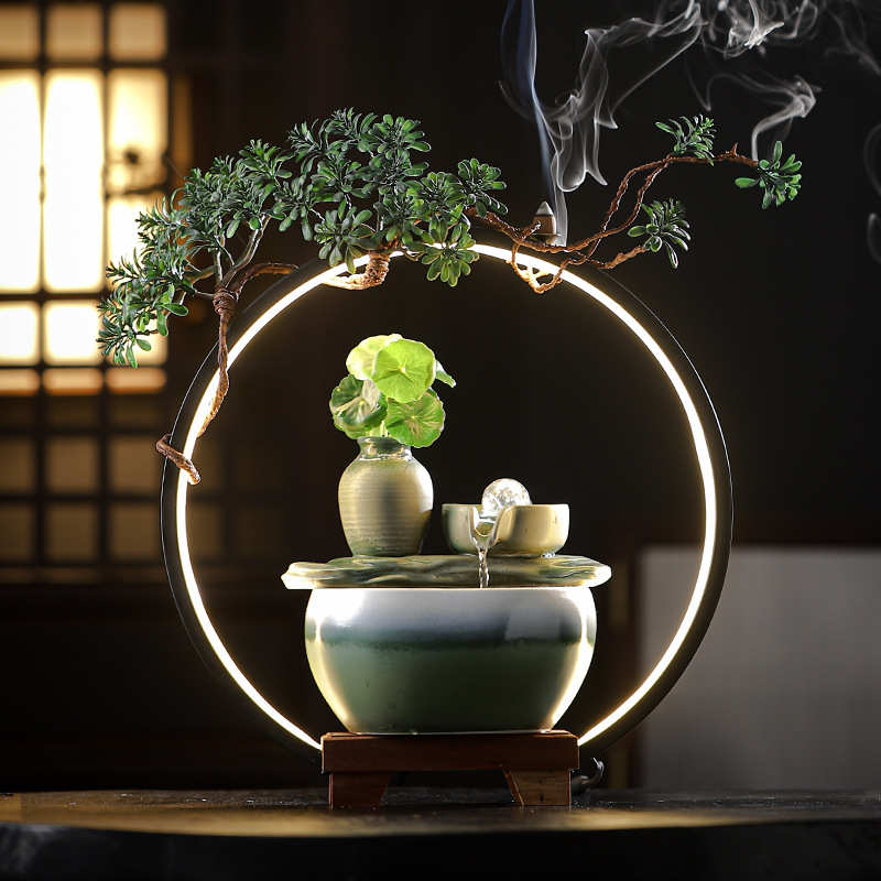 陶瓷流水摆件新中式带灯循环水鱼缸招财水晶球现代轻奢家居办公室