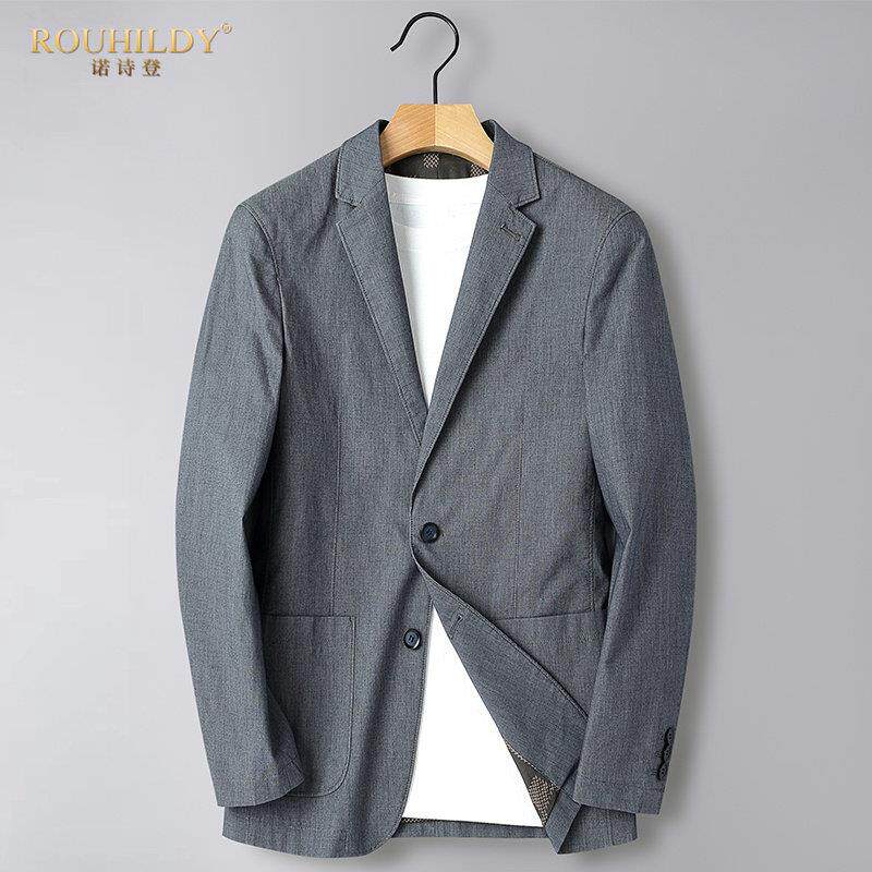Rouhildy春秋休闲西服男薄款修身棉西装外套商务绅士中年单西上衣