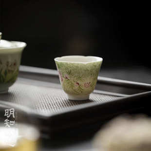 玉泥盎然春意云灵茶杯 明知山志 手绘花口品茗杯功夫茶具家用单杯