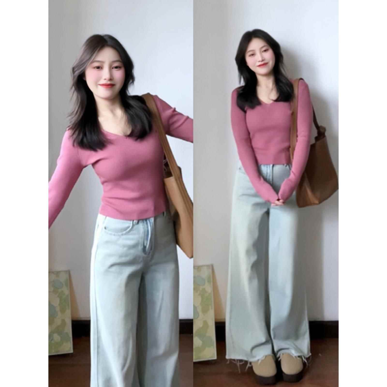 2025新款韩版加码胖毫米甜辣玫瑰粉红V领女式春装修身长袖针织上