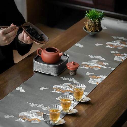 茶席新中式禅意茶桌布高端轻奢客厅桌旗茶桌茶垫复古织锦云松茶旗