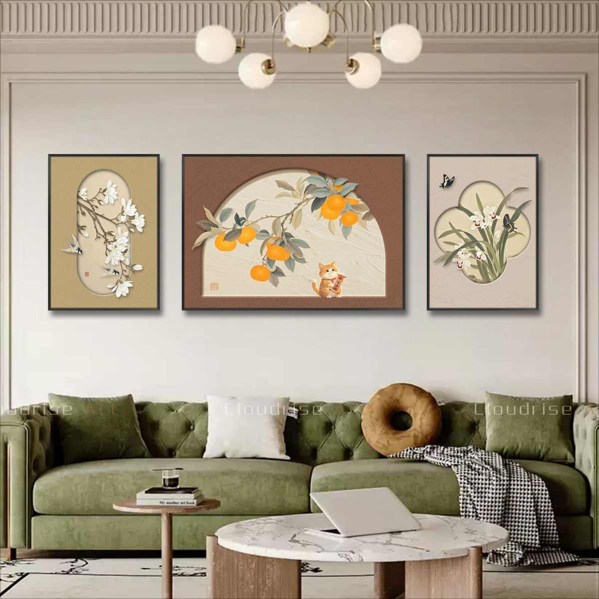 金玉满堂装饰画客厅中古风高级感沙发背景墙挂画晶瓷复古三联壁画图片