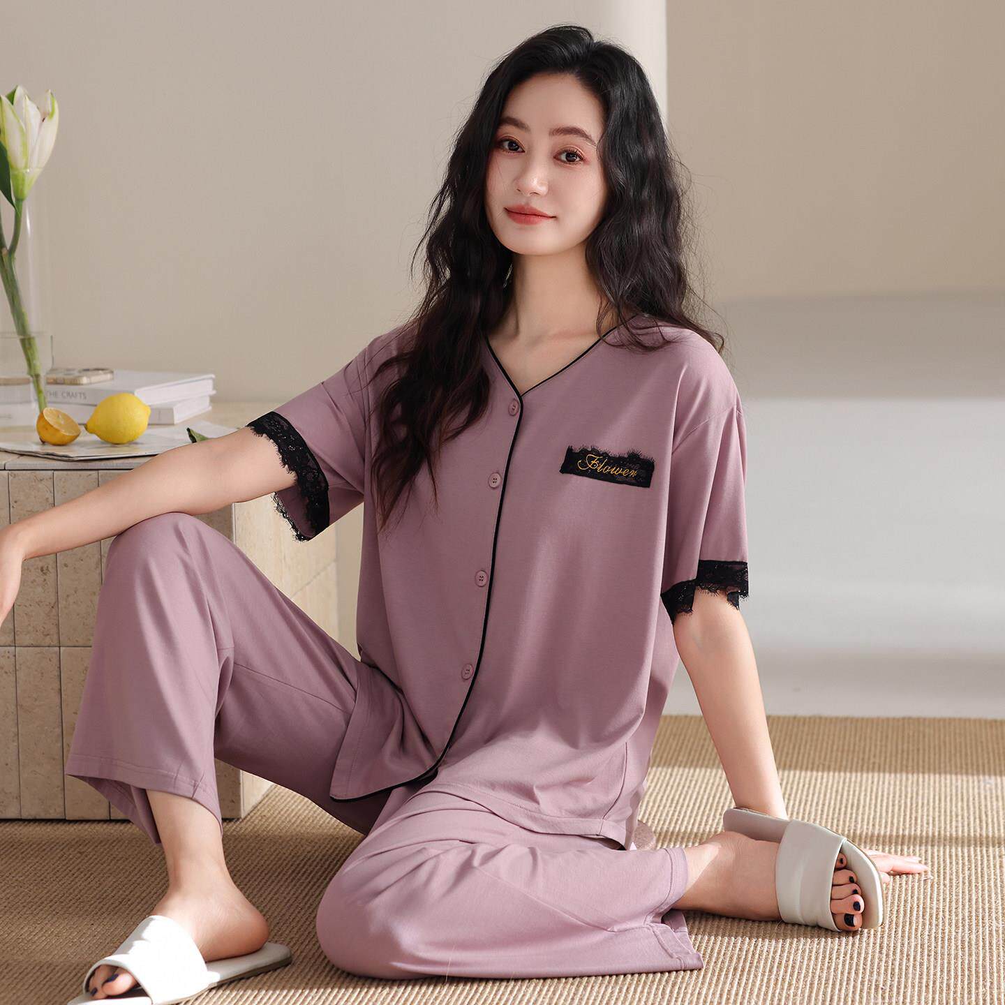 睡衣女士夏季薄款莫代尔绵绸短袖长裤高级感开衫家居服套装可外穿