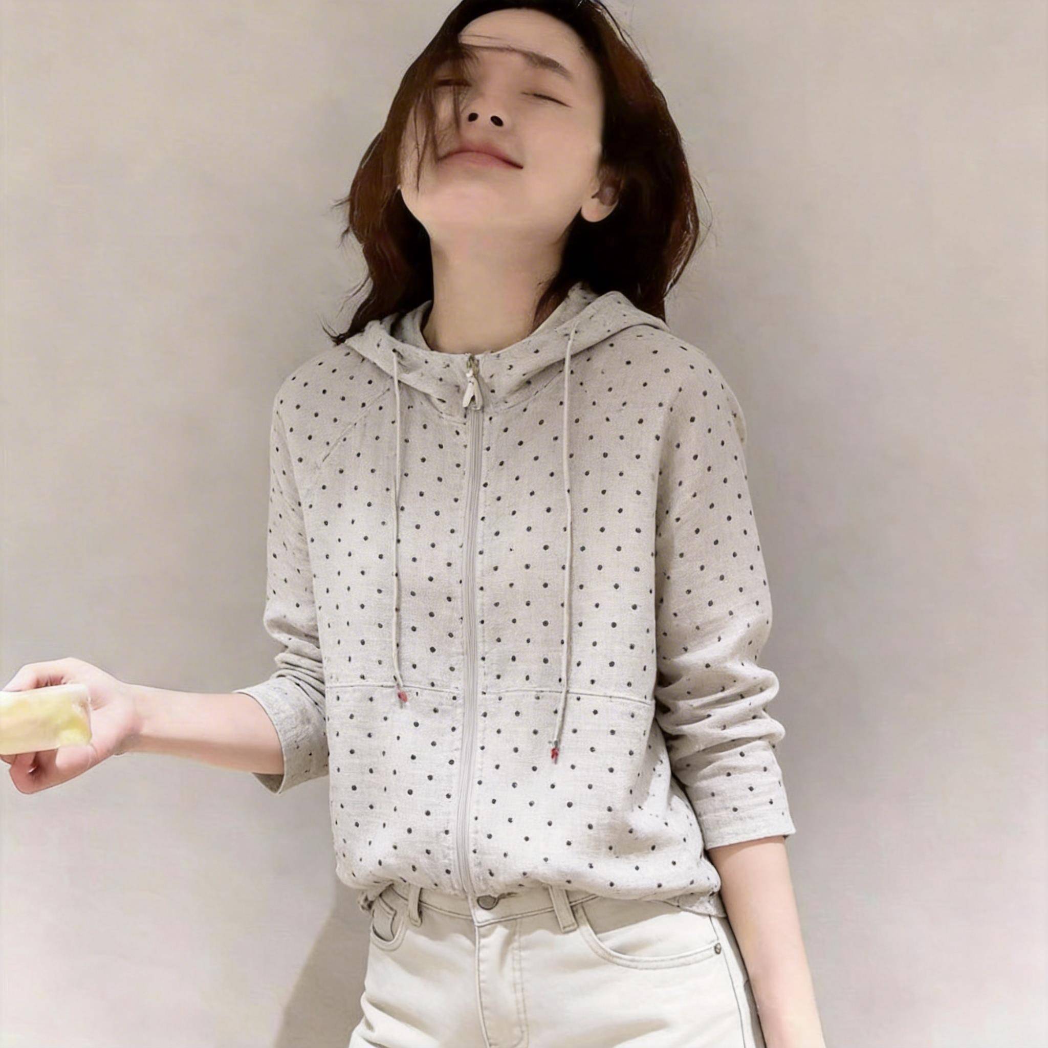 高端经典百搭2026夏100汉麻波点连帽衬衫休闲百搭上衣女防晒外套