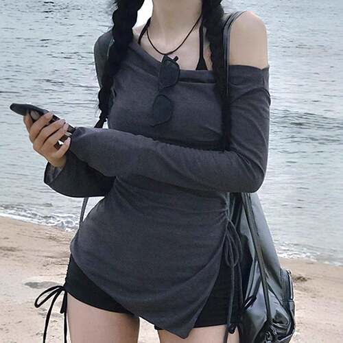 Womens Asymmetrical Adjustable Drawstring Waist Knit Top