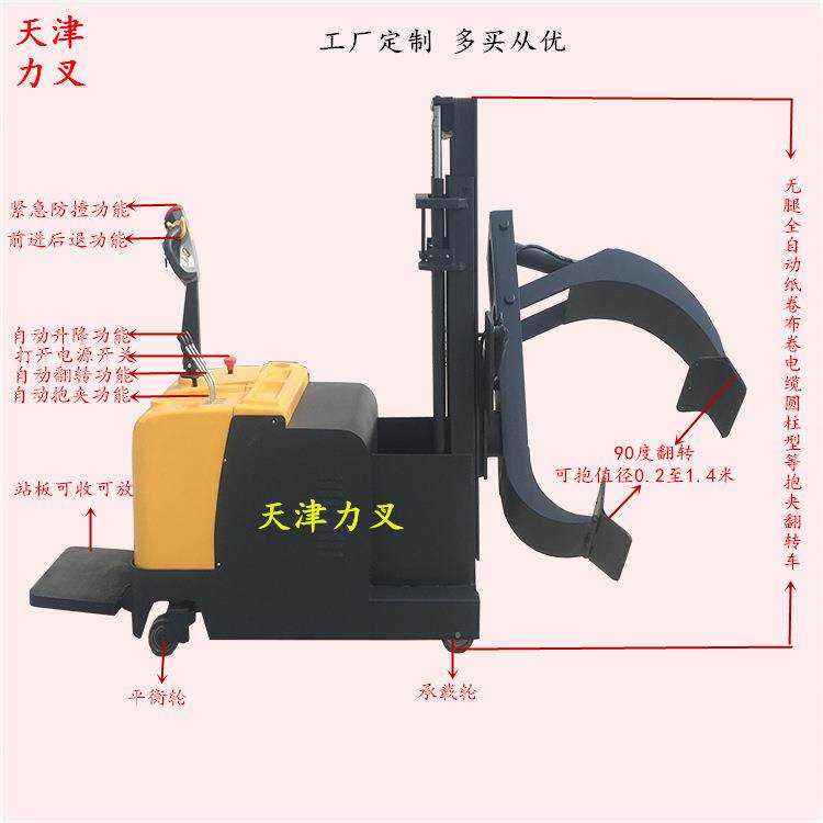 无腿全自动夹抱机电动抱夹翻转堆高车纸卷绵布型电瓶液压升降叉车