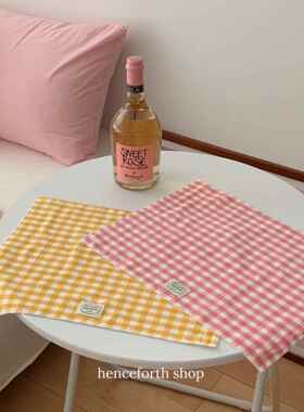 henceforth自制黄格纹餐垫ins餐巾粉格双层磨毛隔热垫拍摄背景布