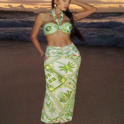 One piece swimsuit, women's neck hanging printed bikini