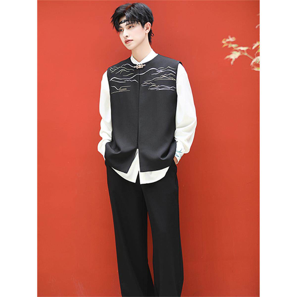 新中国风男士旗袍衬衫立领绣花衬衫大尺寸古董上衣中学生背心套装