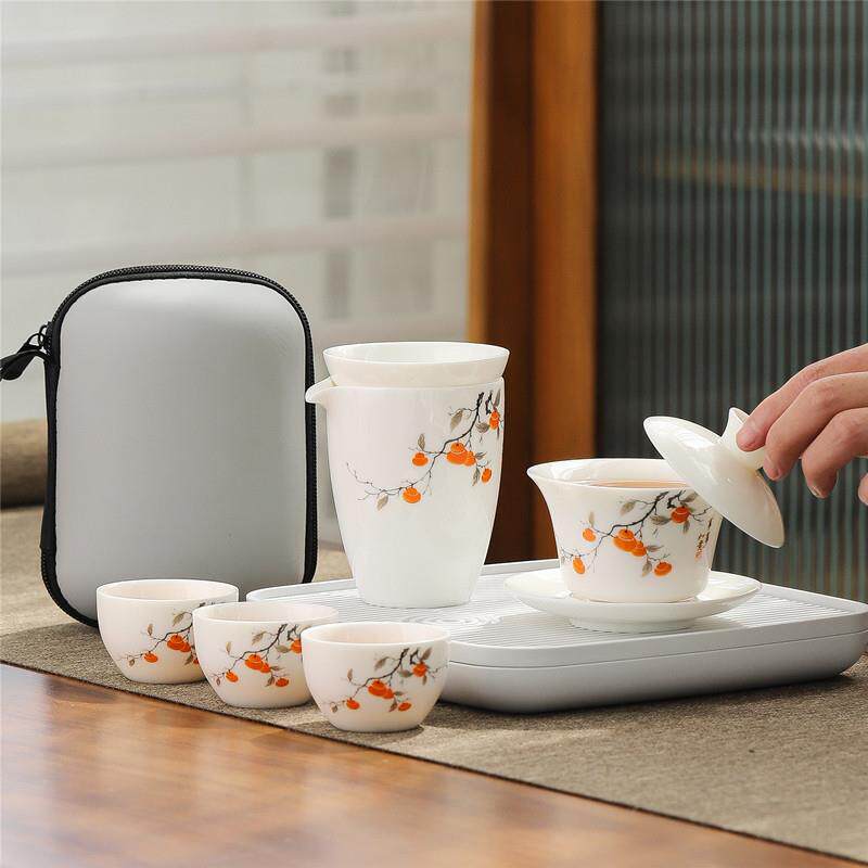 羊脂玉白瓷旅行功夫茶具套组家用悬停盖碗户外可携式茶杯一人饮泡