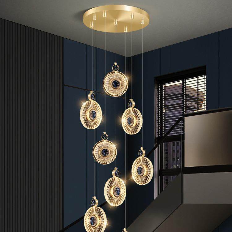 复式楼大吊灯长挑空阁楼大堂工程别墅客厅中空轻奢圆形贝壳楼梯灯