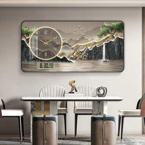 山水画餐厅装饰画新中式钟表挂画客厅家用新款时钟壁画