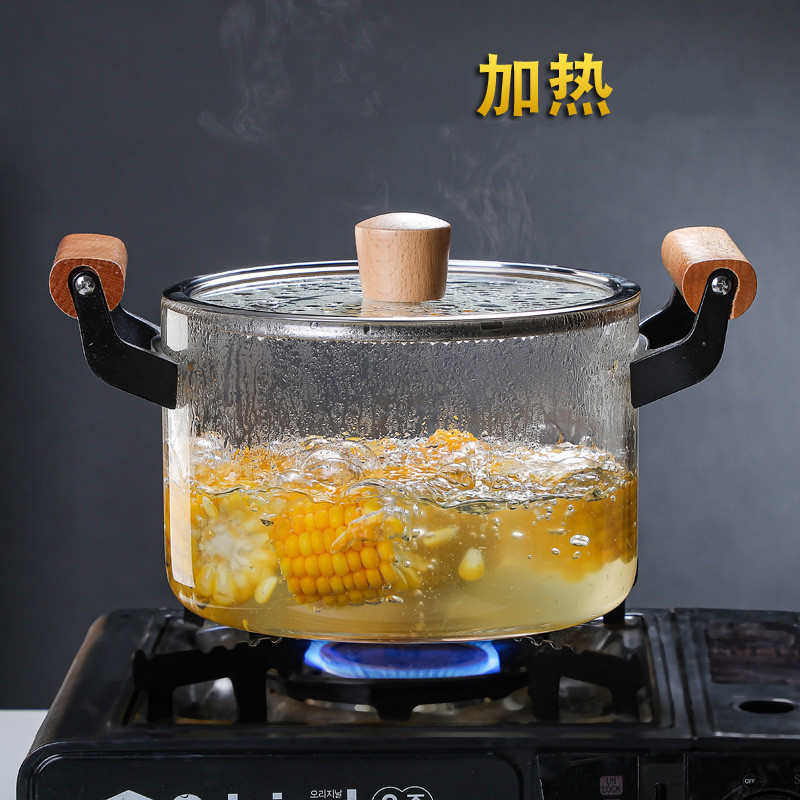 高硼硅耐热长木把玻璃锅可电陶炉加热侧把奶锅家用大容量透明汤锅