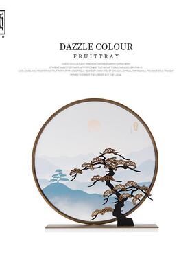 新中式铁艺迎客松亚克力圆环屏风酒店玄关摆台展厅售楼部软装摆件