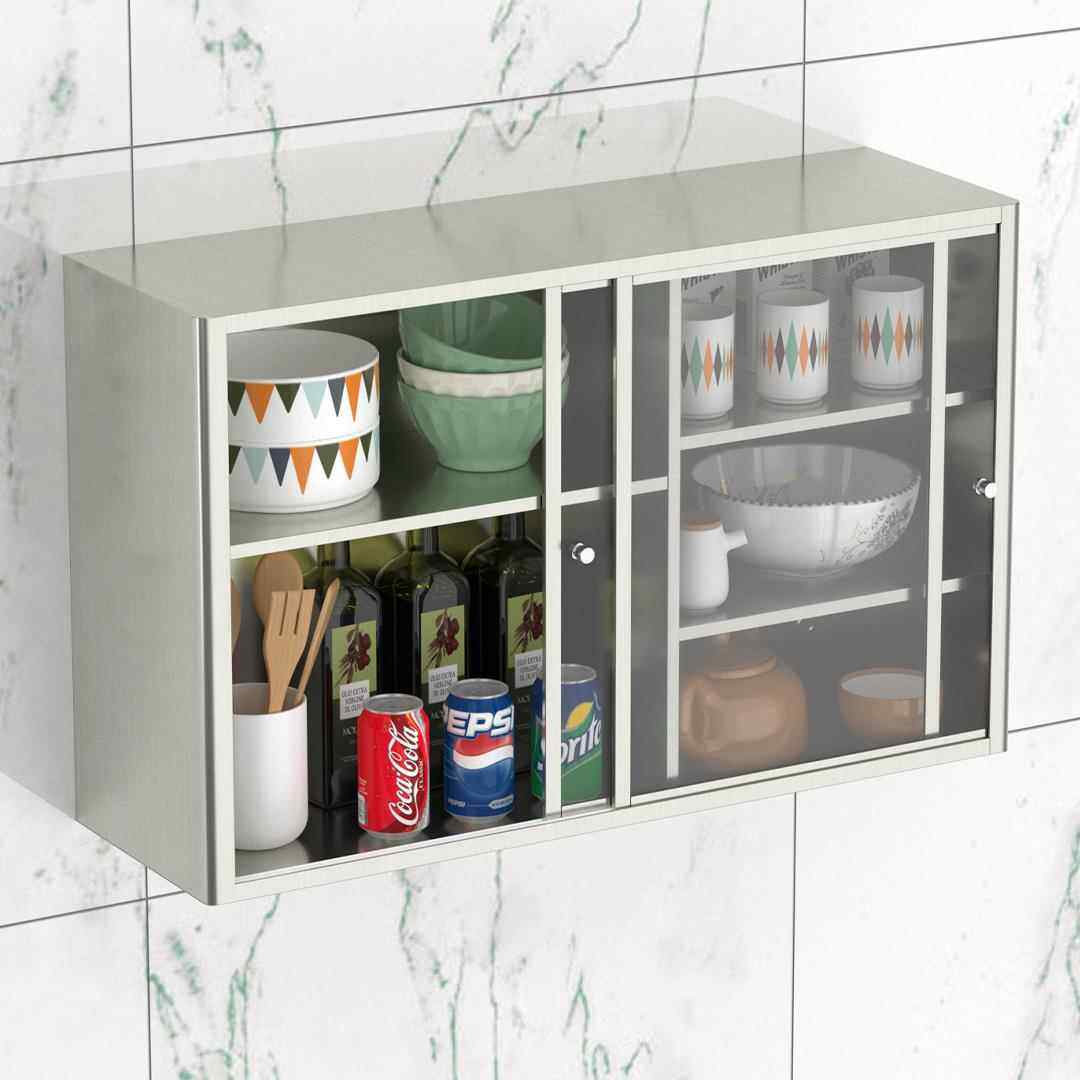 不锈钢钢化玻璃拉门厨房吊柜移门碗盘柜阳台置物架浴室储物墙壁柜