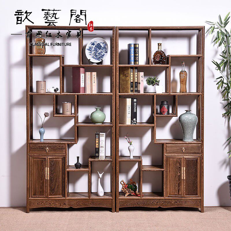 红木家具鸡翅木博古架实木中式多宝阁茶叶架客厅玄关隔断置物架