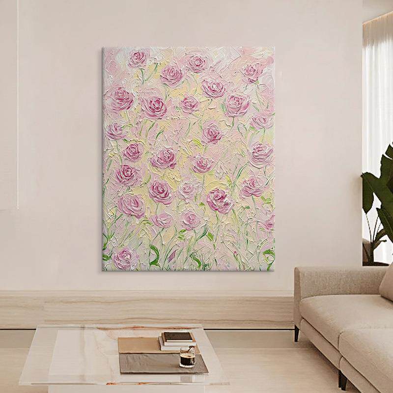 顺丰奶油风玫瑰花肌理感纯手绘油画粉色花海客厅装饰画玄关挂画清