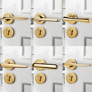 亮金色分哑光金卧室门体式锁简约法式复古门把手全锁套强吸静分音