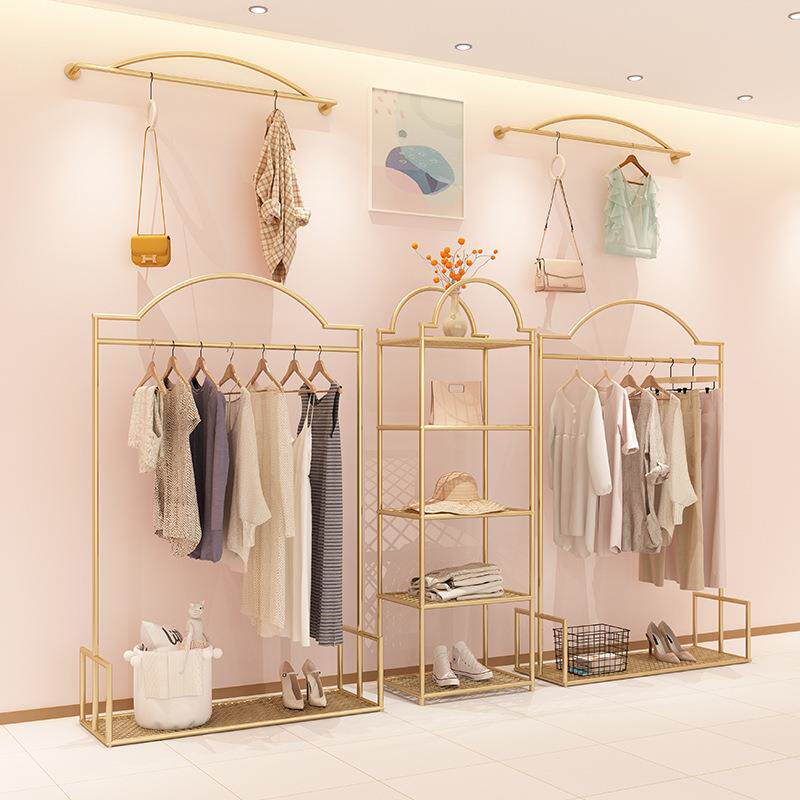 服装店铺展示架落地式金色挂衣架衣服架子侧挂架女装店陈列架正挂