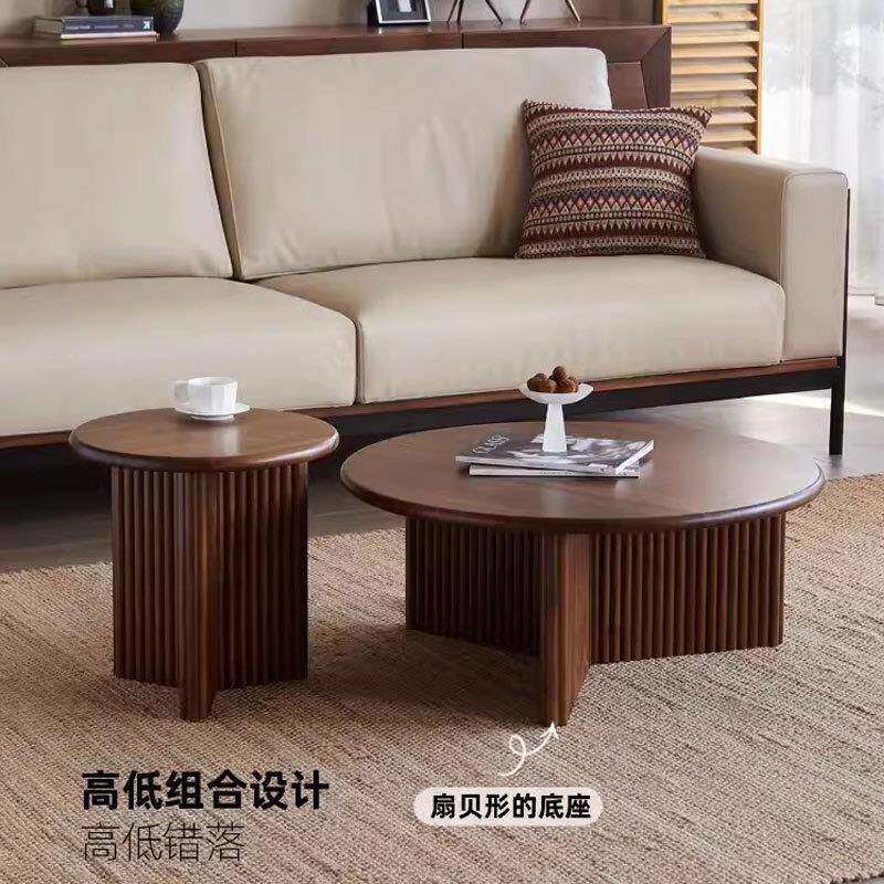 A0法式奶油风圆形实木茶几边几组合复古咖啡桌茶桌中古圆桌角几边
