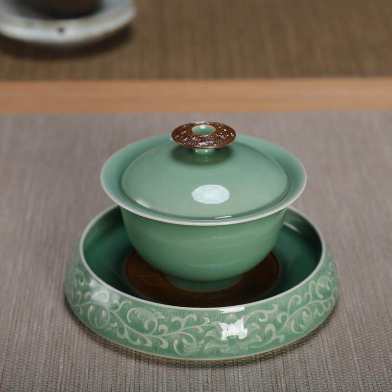 龙泉帝窑青瓷吴国峰纯手工梅绿雕盖碗茶碗陶瓷功夫茶具收藏