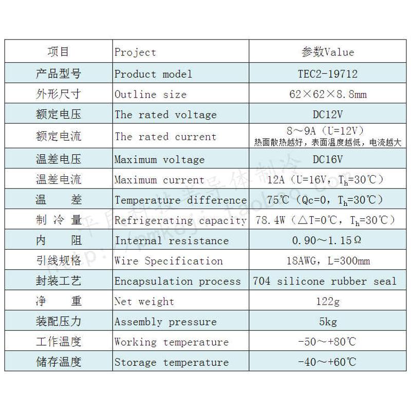 62*62mm温差75度12V12A双层半导体制冷片TEC2-19712妍东电子器件