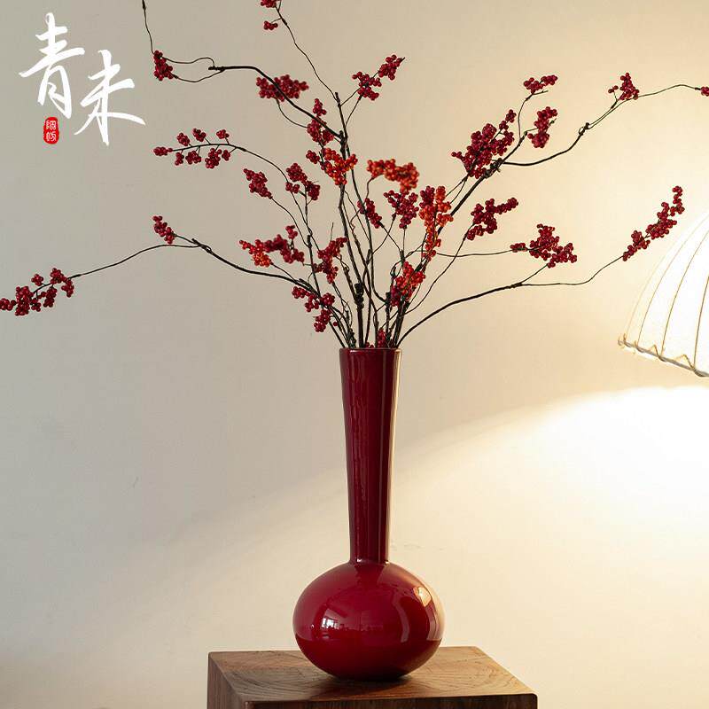 新家红色中古花瓶摆件客厅插花琉璃高级感新中式复古冬青水培腊梅