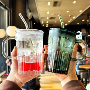 带把吸管玻璃水杯大容量ins风咖啡杯子简约饮品杯