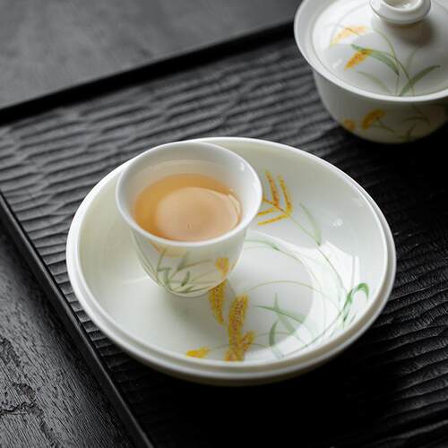 弥言白瓷手绘麦穗壶承家用茶盘小型茶台日式蓄水干泡盘盖碗茶壶垫