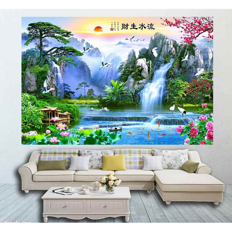 可订做流水生财山水风景画风水靠山中式客厅装饰画自迎客松粘贴画