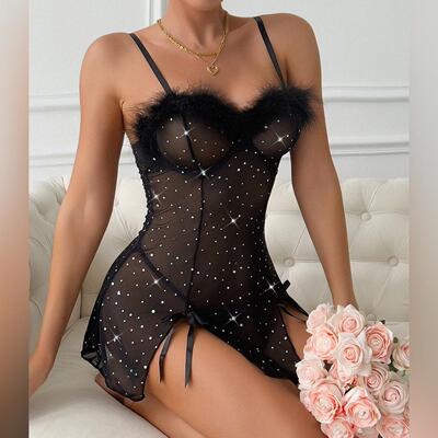 Sexy lingerie black patchwork slit nightgown for women