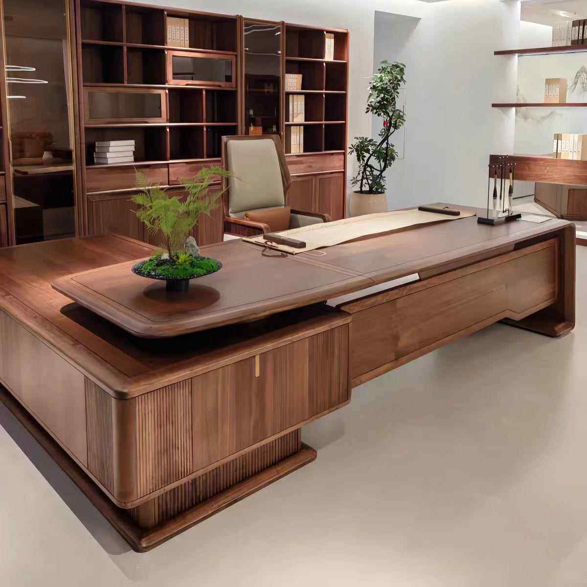 新中式实木办公桌老板桌黑胡桃木经理总裁桌轻奢现代高级感大班台